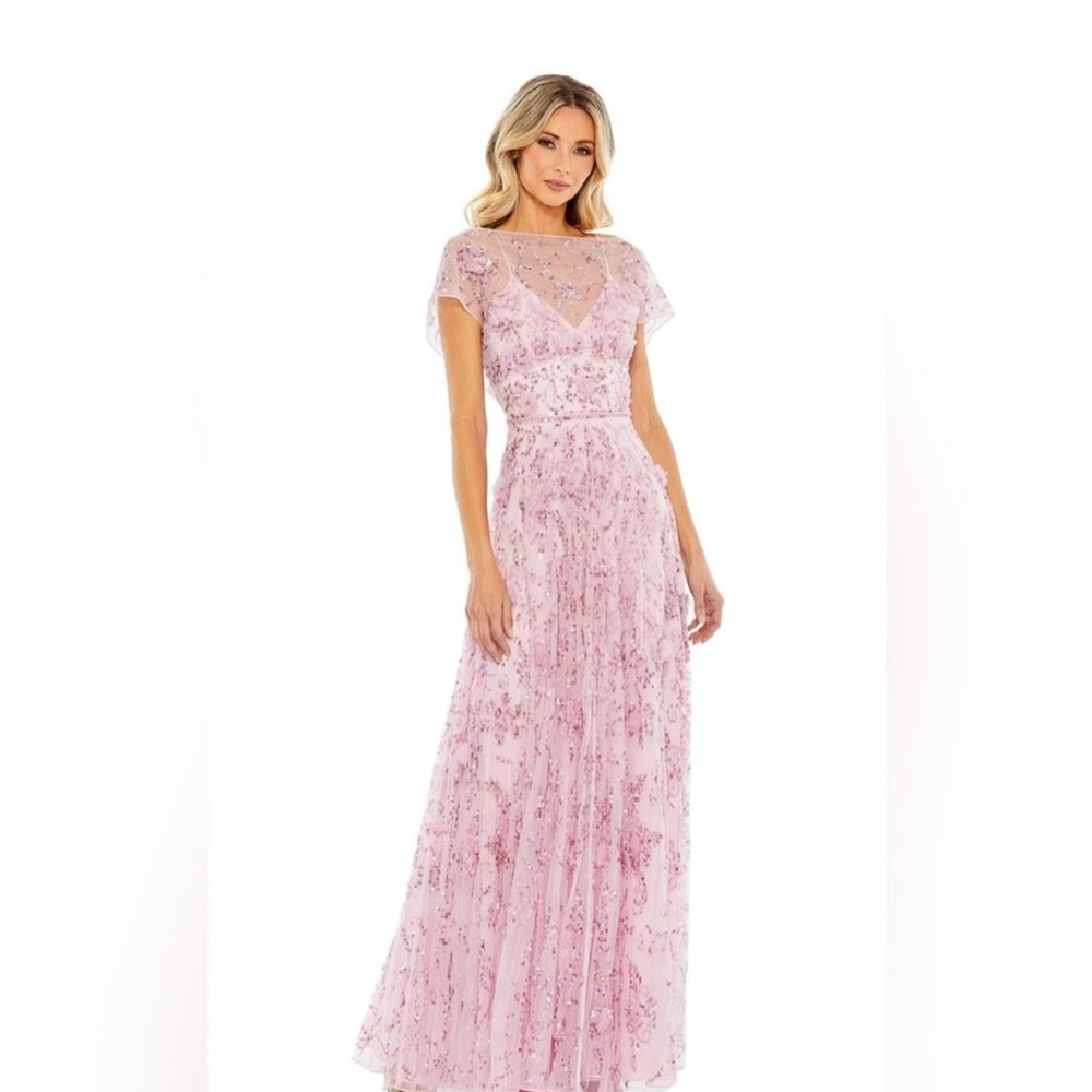 Mac Duggal: Sheer Embroidered Sequin Embellished Cap-sleeved Dress